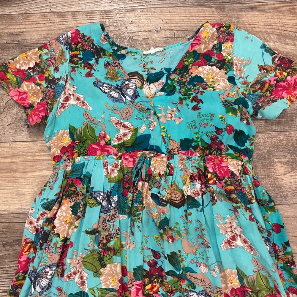 Whimsical Boho Chic Floral Butterfly High Low Maxi Dress Blue Rayon Womens Large